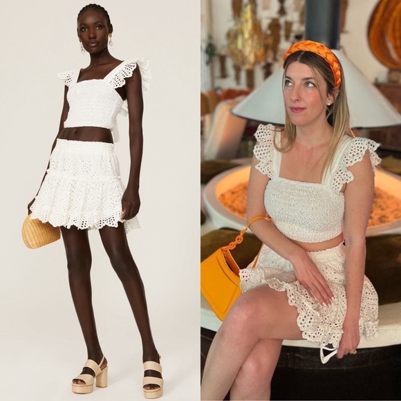 MISA LOS ANGELES Eyelet Flutter Strap‎ Tie Back Square Neck Smocked Crop Top S - Picture 3 of 16